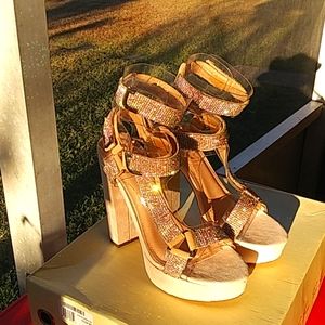 Beige platform heels with rhinestones